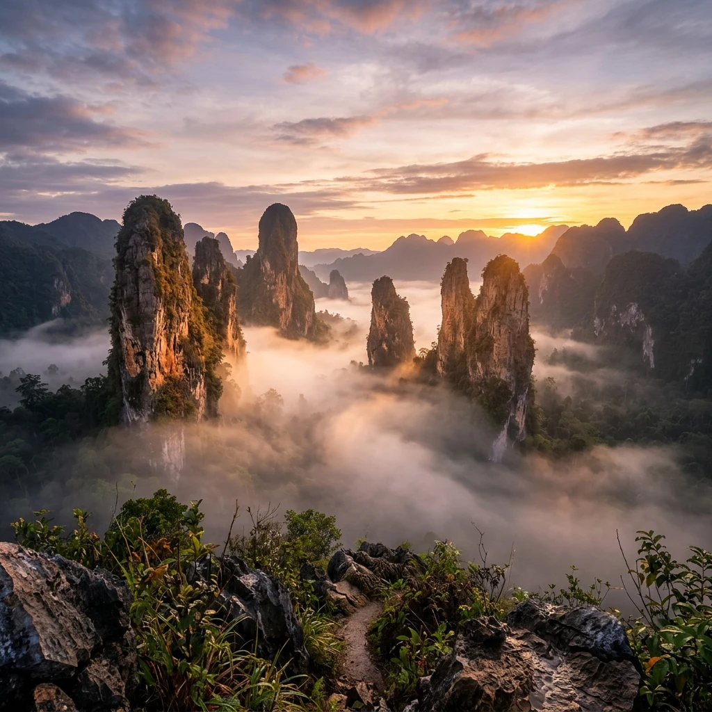 Golden sunrise over misty limestone peaks