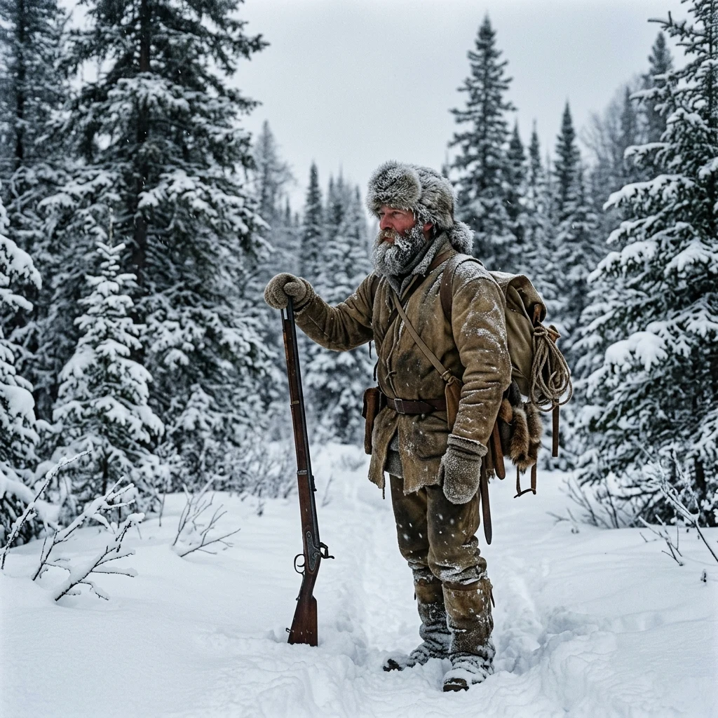 A solitary trapper in a buckskin jacket and beaver fur cap leaning on a flintlock rifle…