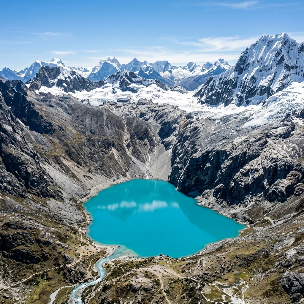 An aerial drone photograph of the turquoise waters of Laguna 69 nestled against sheer…