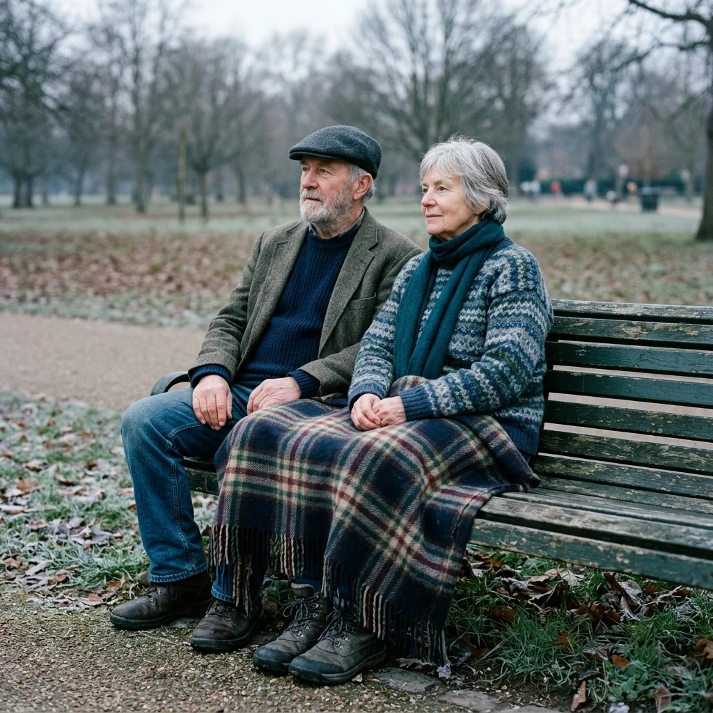 An elderly brother and sister in their seventies sitting side by side on a green park…