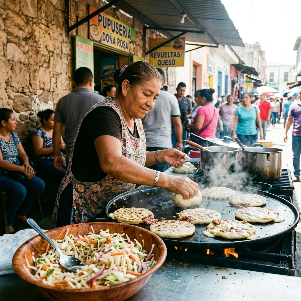 Cooking fresh pupusas at a street stall