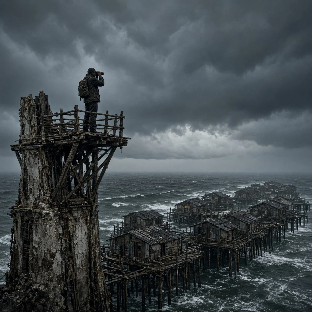 A stilt village lookout post perched atop an abandoned lighthouse stump