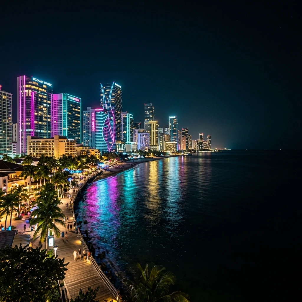 Neon city lights reflecting on the ocean