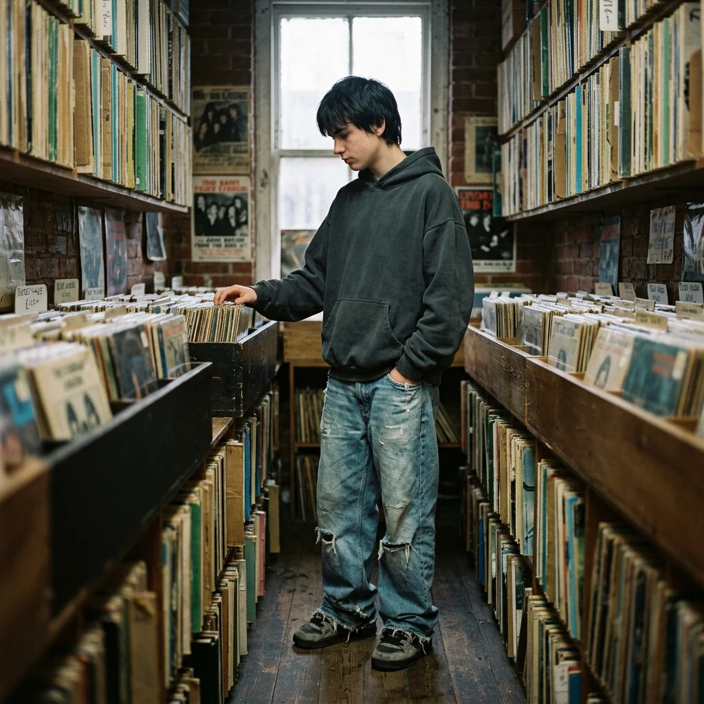 Person browsing in a vintage record shop