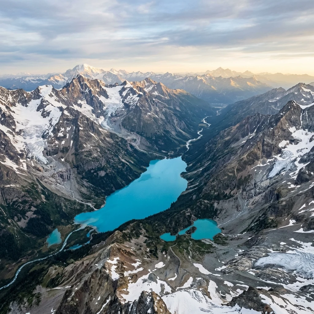 An aerial drone shot of the electric-blue waters of Lake Louise nestled beneath hanging…