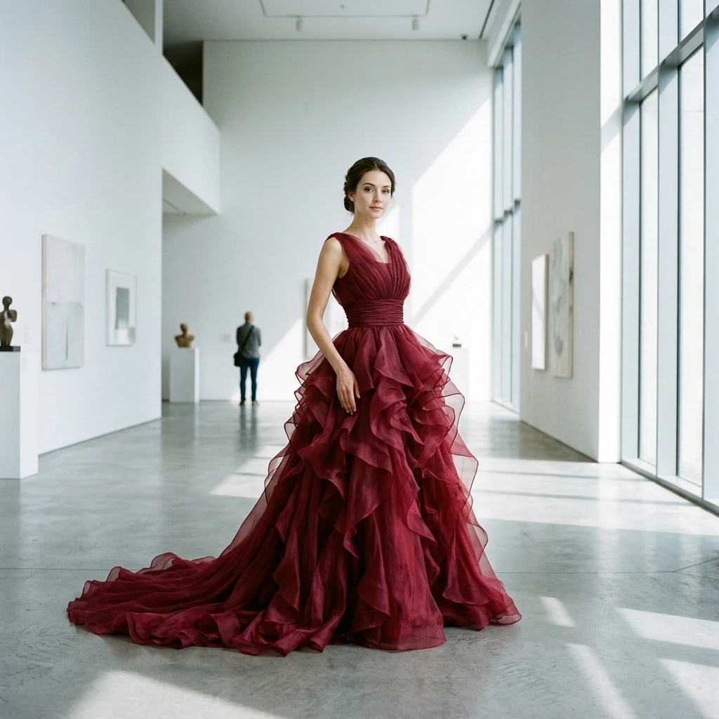 A dramatic burgundy organza gown with cascading ruffles from waist to train