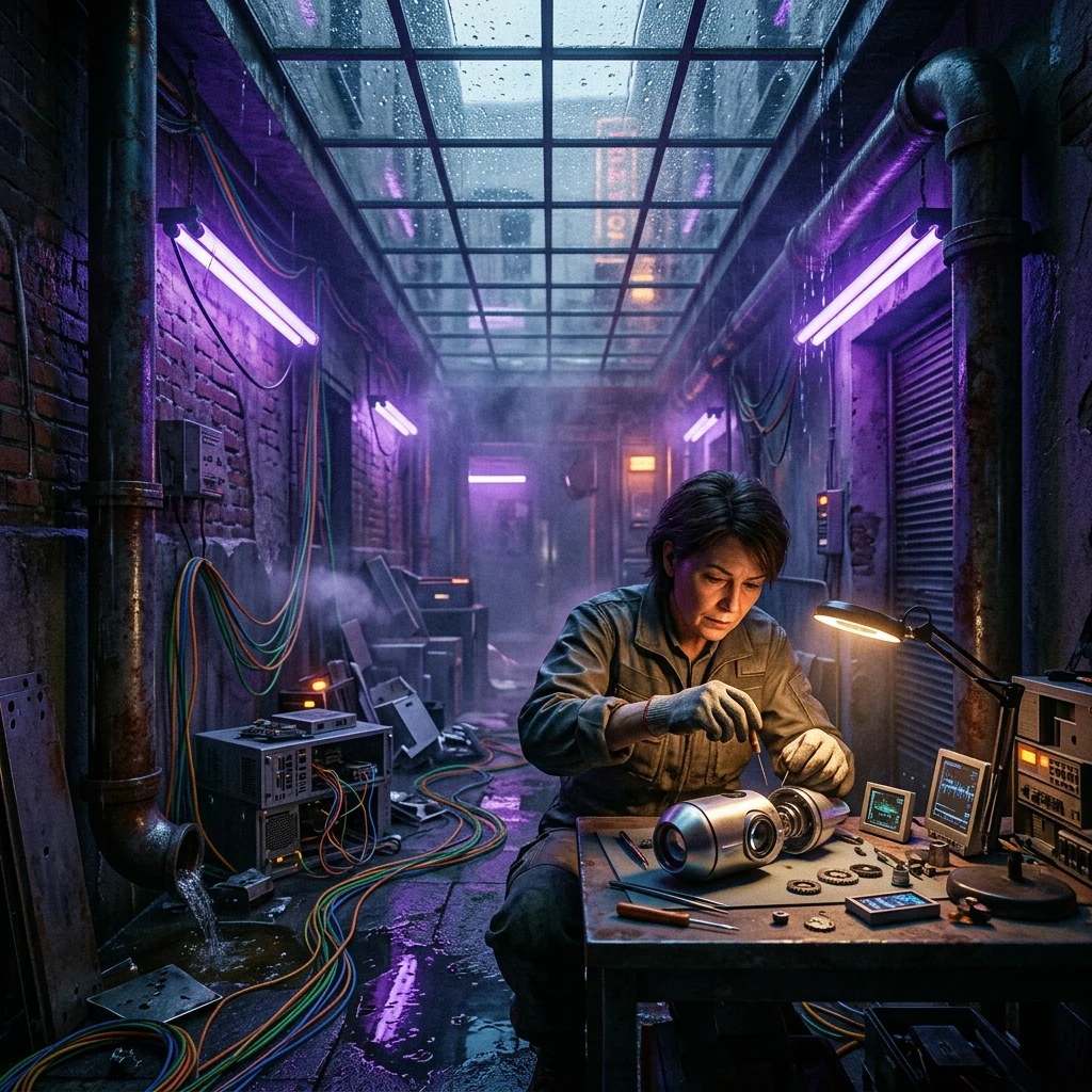 An underground black-market tech alley under a rain-streaked glass plaza