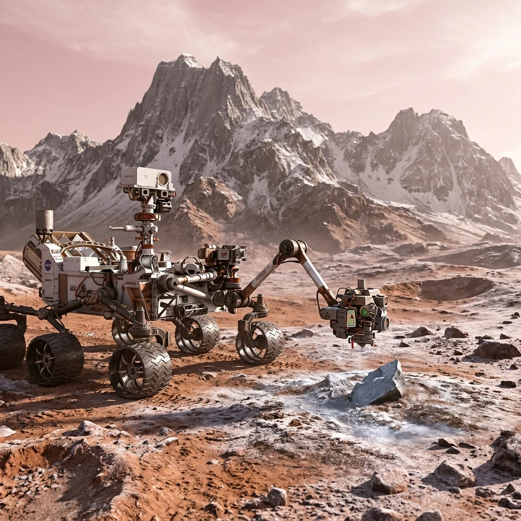 Robotic rover exploring a rocky mountain landscape