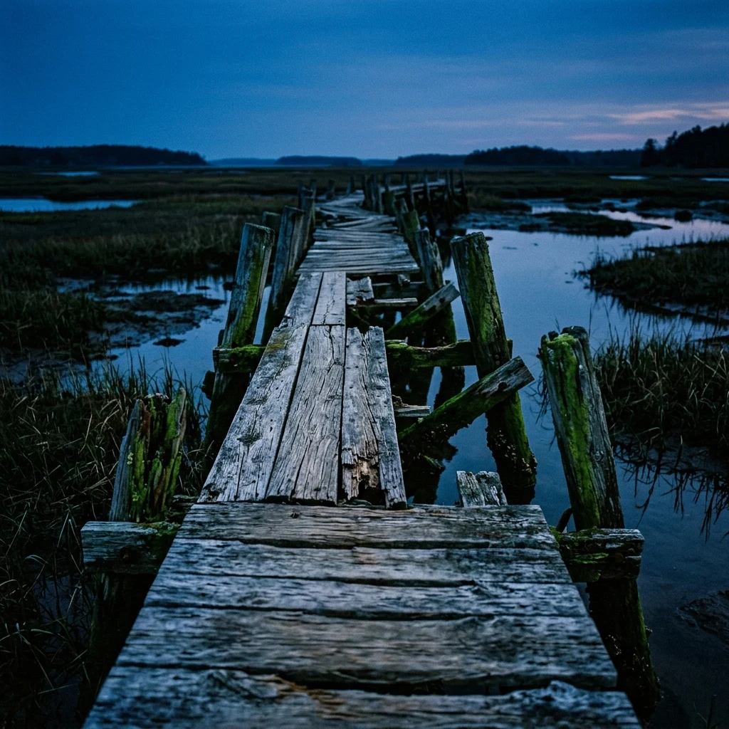 Old wooden boardwalk in a quiet salt marsh