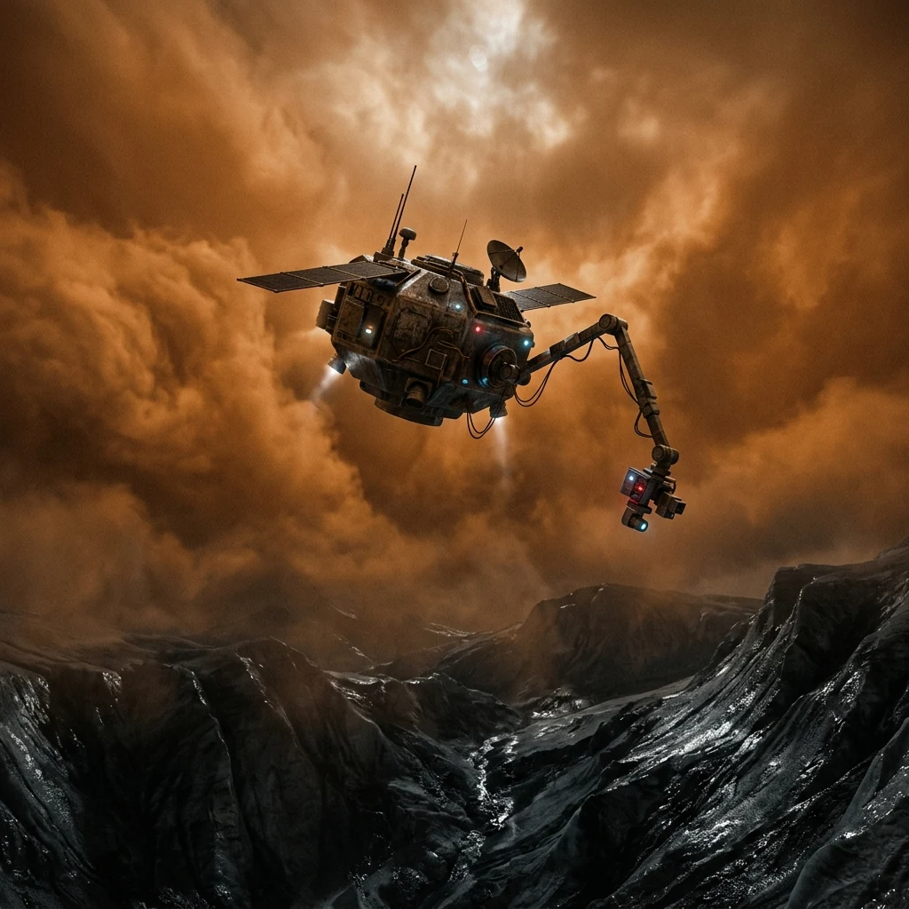 A robotic atmospheric probe descending through thick orange nitrogen clouds