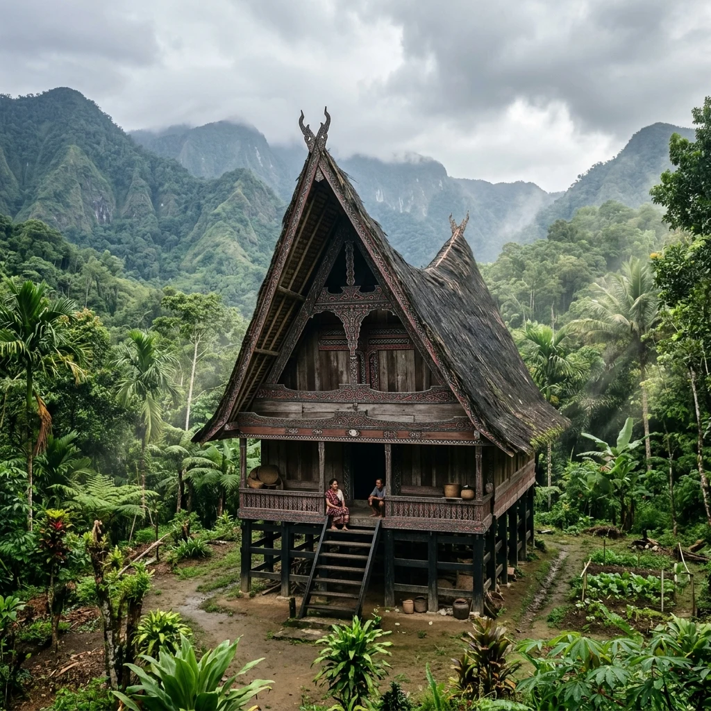 A traditional Batak wooden house with a high-peaked roof in a valley surrounded by the…