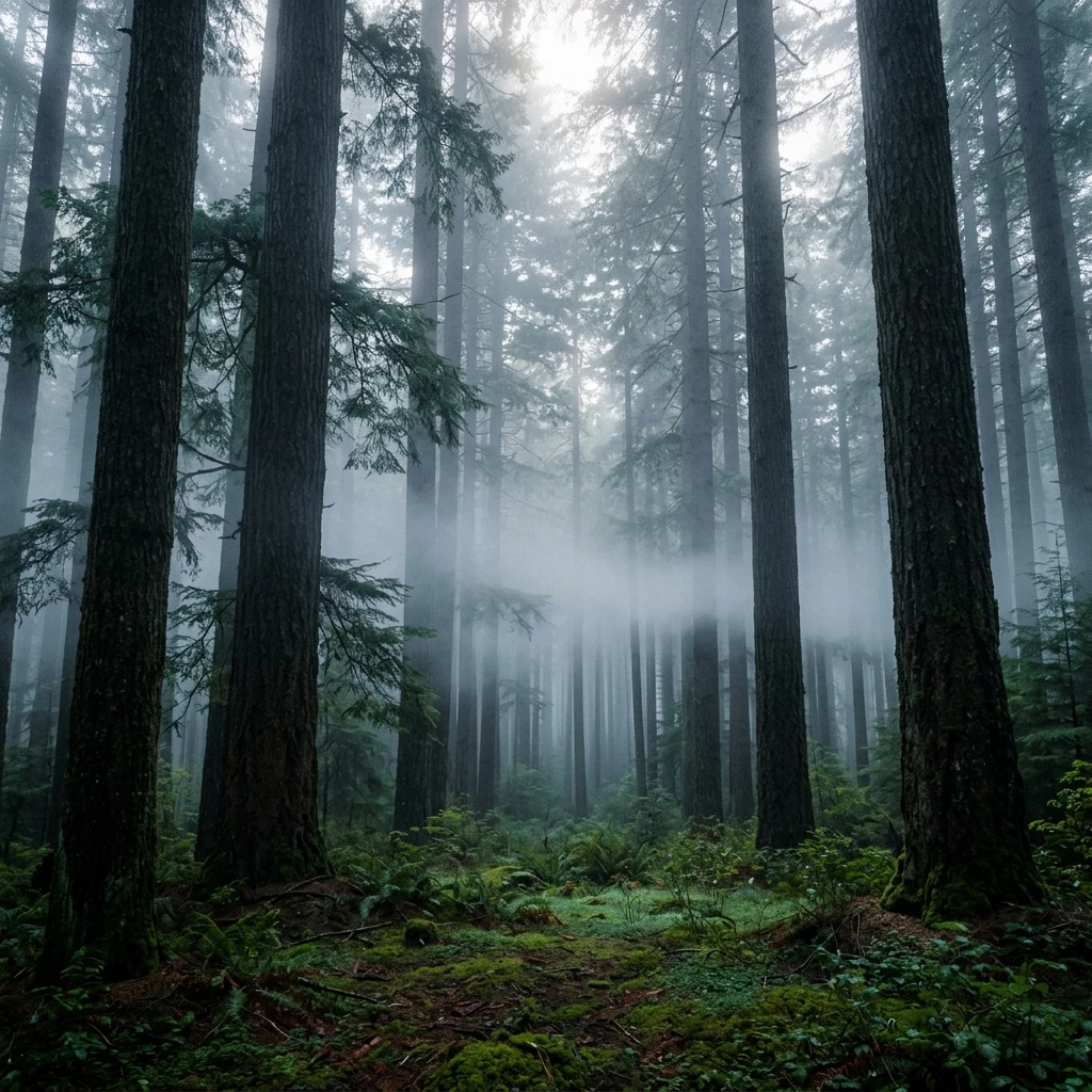 Morning fog in an ancient pine forest