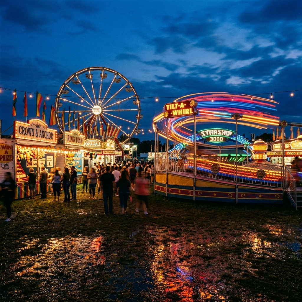 A carnival midway at night on long exposure