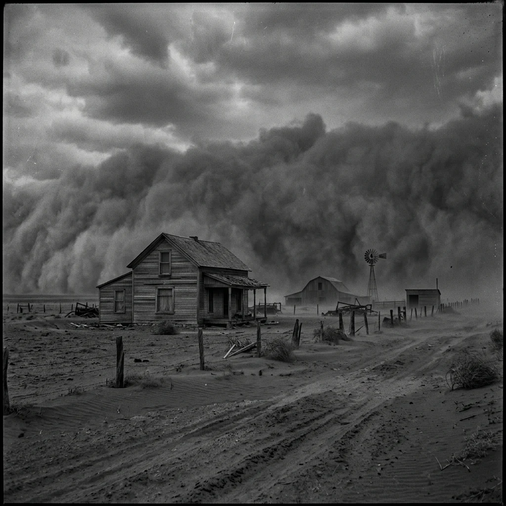 A Dust Bowl farmstead in 1935 Oklahoma as the roller arrives