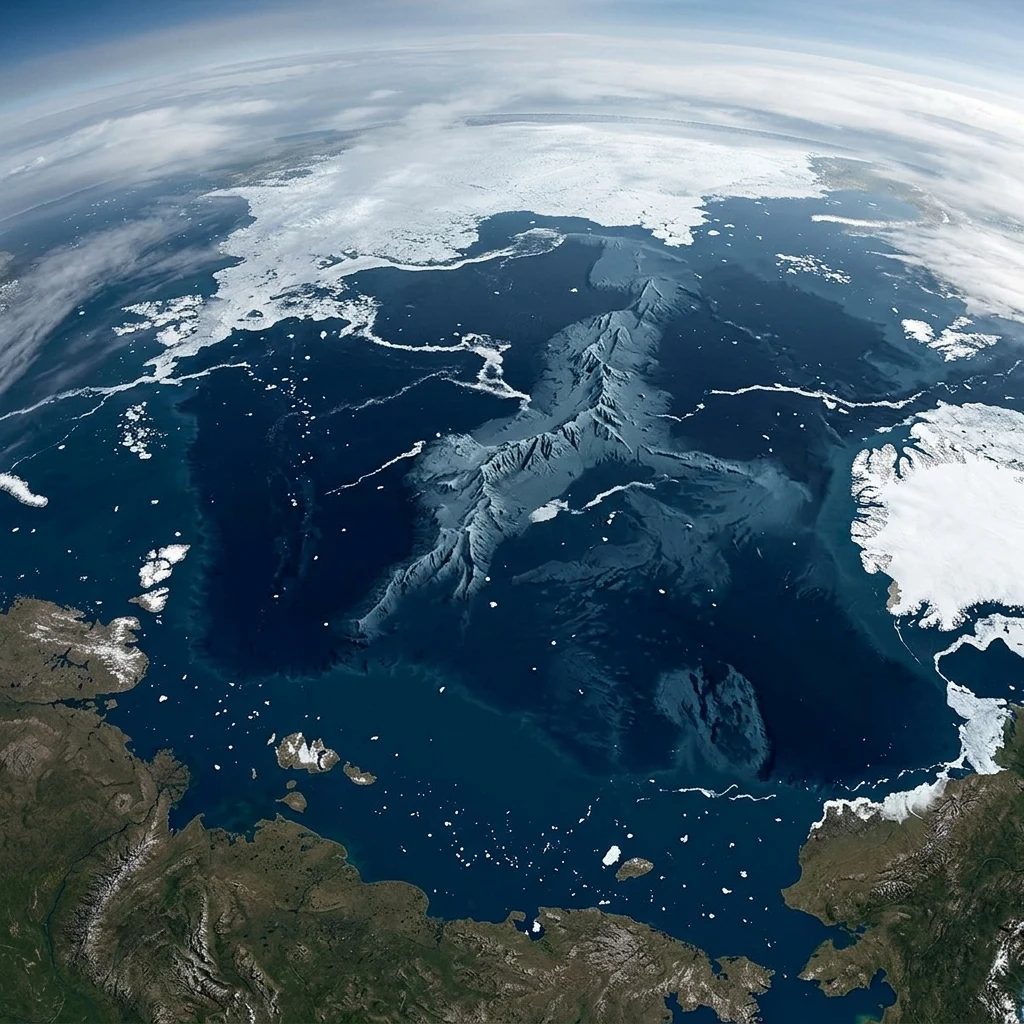 A satellite view graphic of the Arctic Ocean highlighting the Lomonosov Ridge stretching…