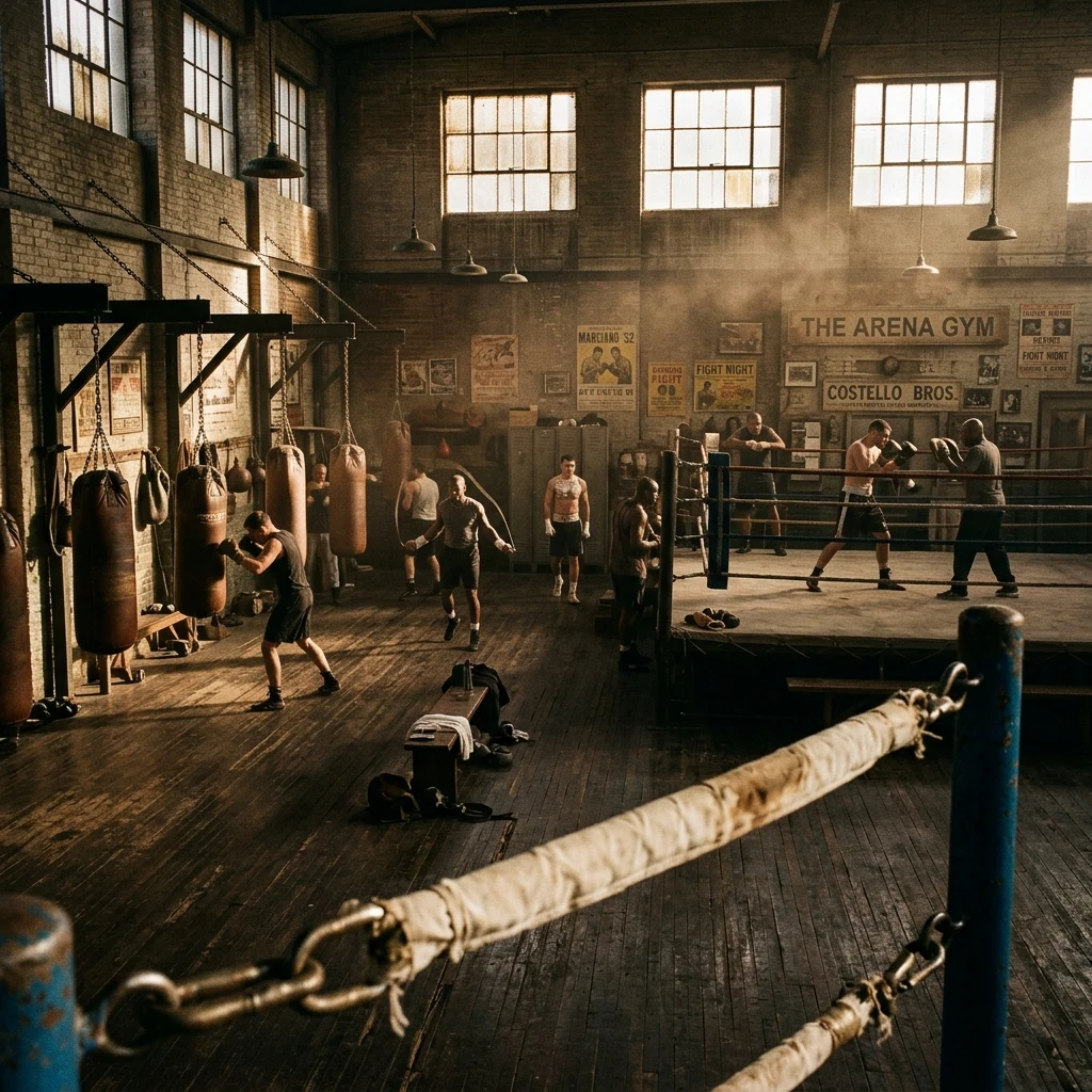 Golden sunlight in a quiet boxing gym