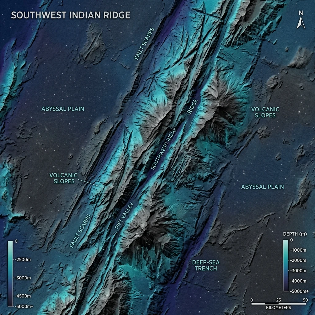 A bathymetric ocean-floor map displaying the ultra-slow spreading center and fractured…