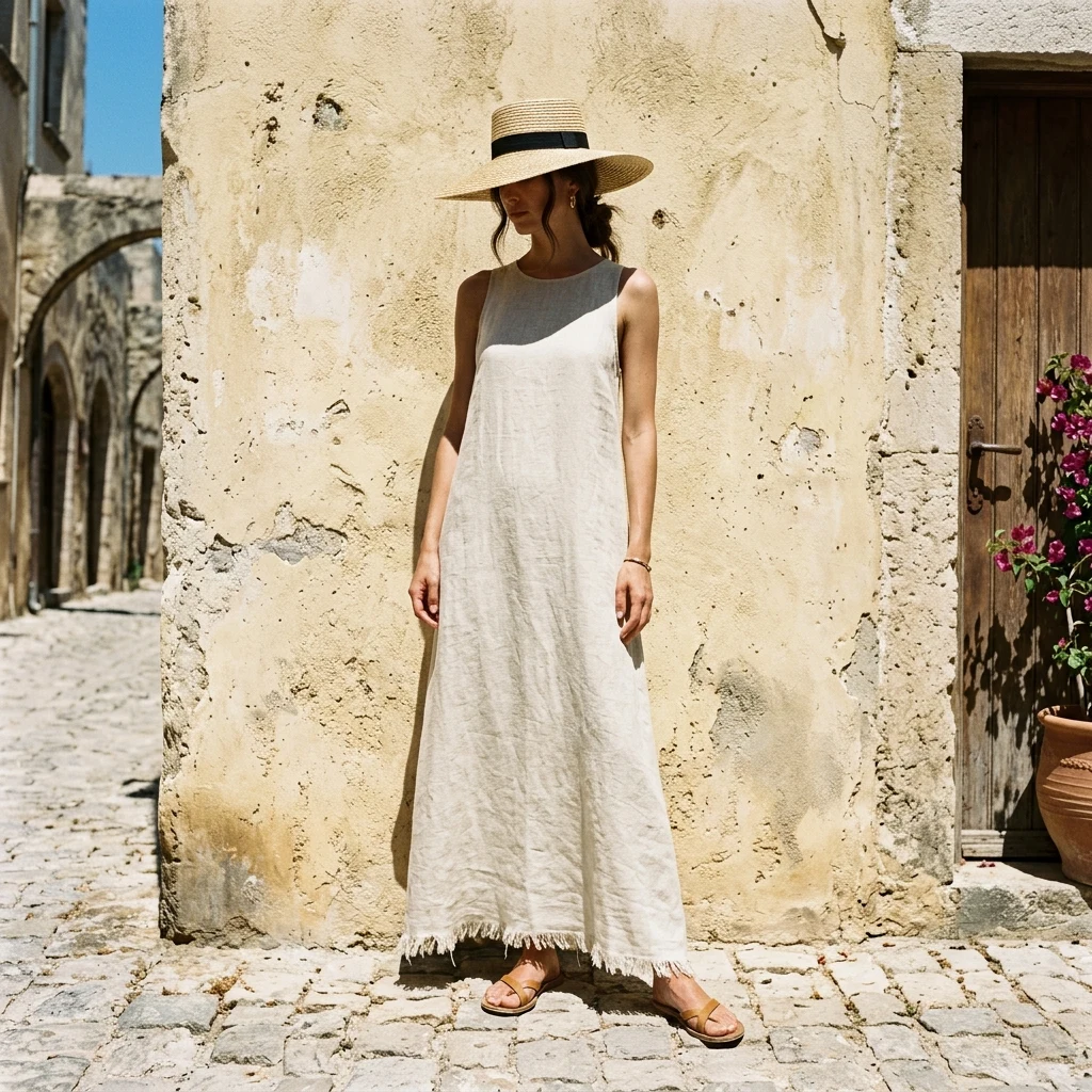 A floor-length ecru linen maxi dress with a raw hem