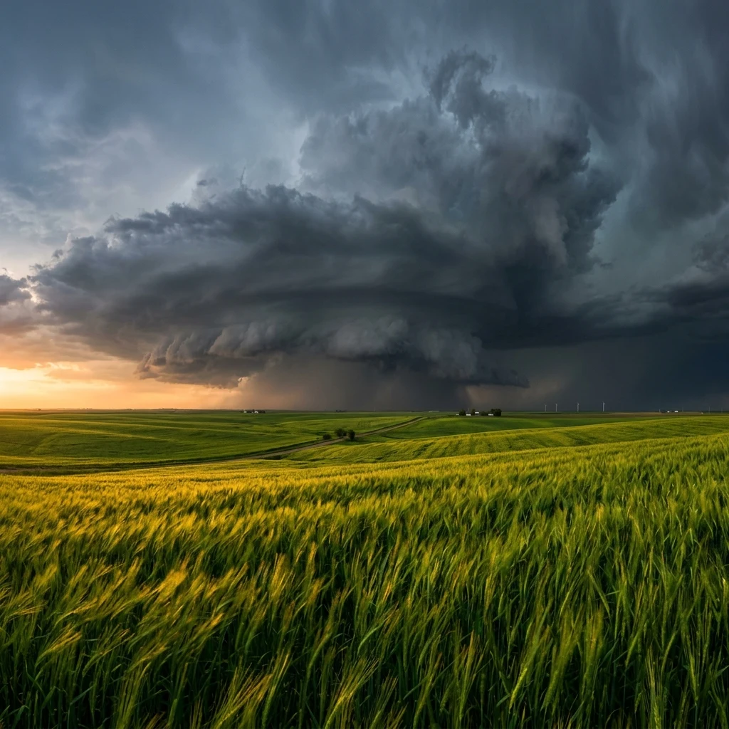 A storm front advancing over green winter wheat