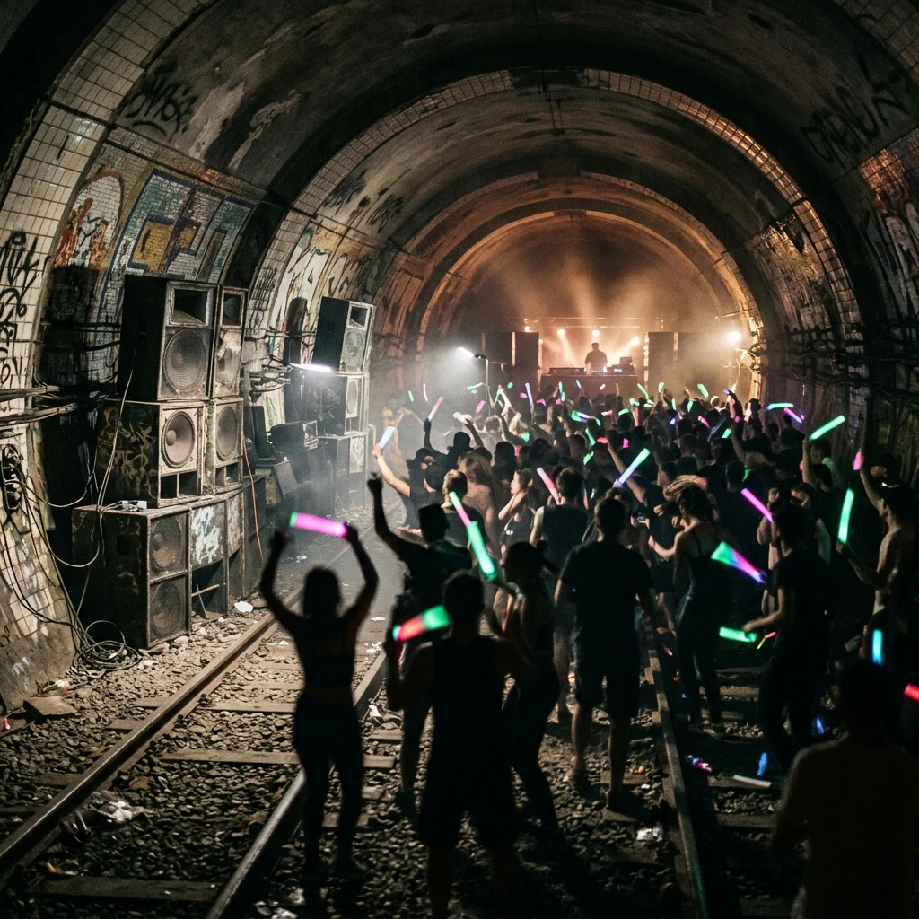 An underground illegal rave held in a disused metro tunnel in Almaty