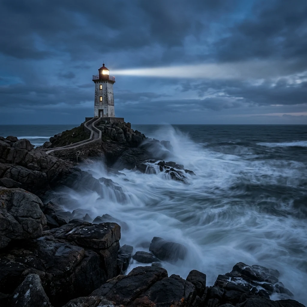 A long-exposure photograph of the Diaz Point lighthouse in Lüderitz