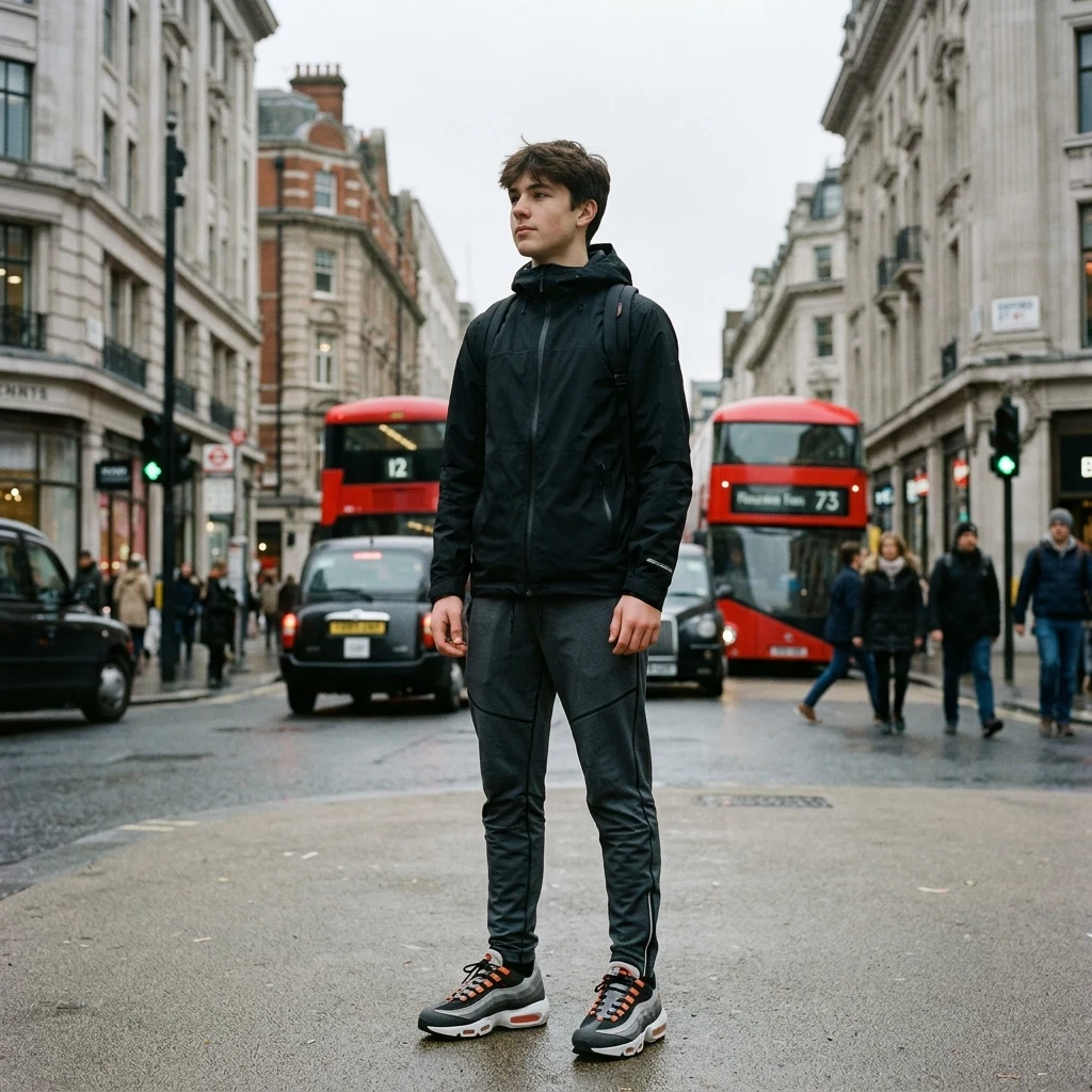 Technical jacket and trainers on a busy street