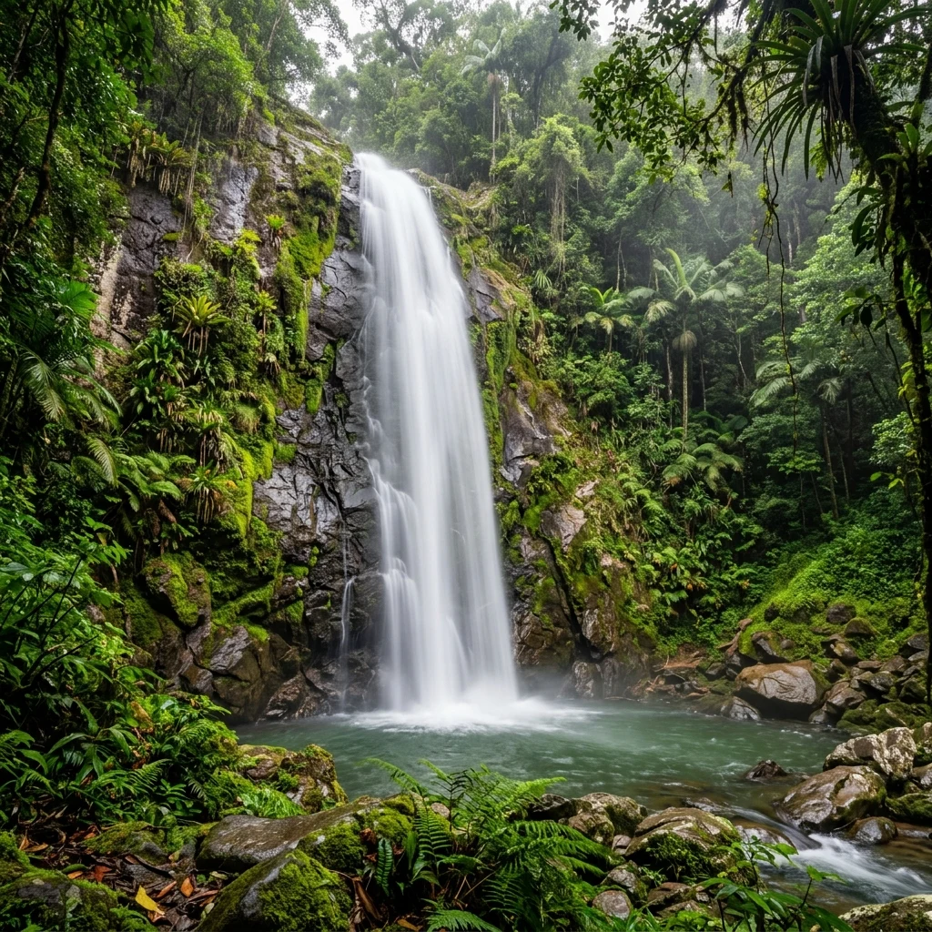 Waterfall cascading down a mossy cliff