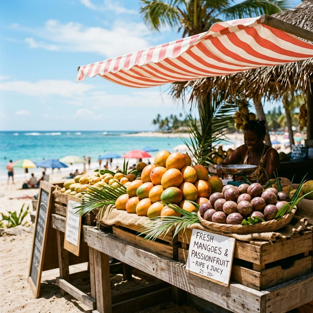 A beachside fruit stand in Mombasa loaded with mangoes and passionfruit
