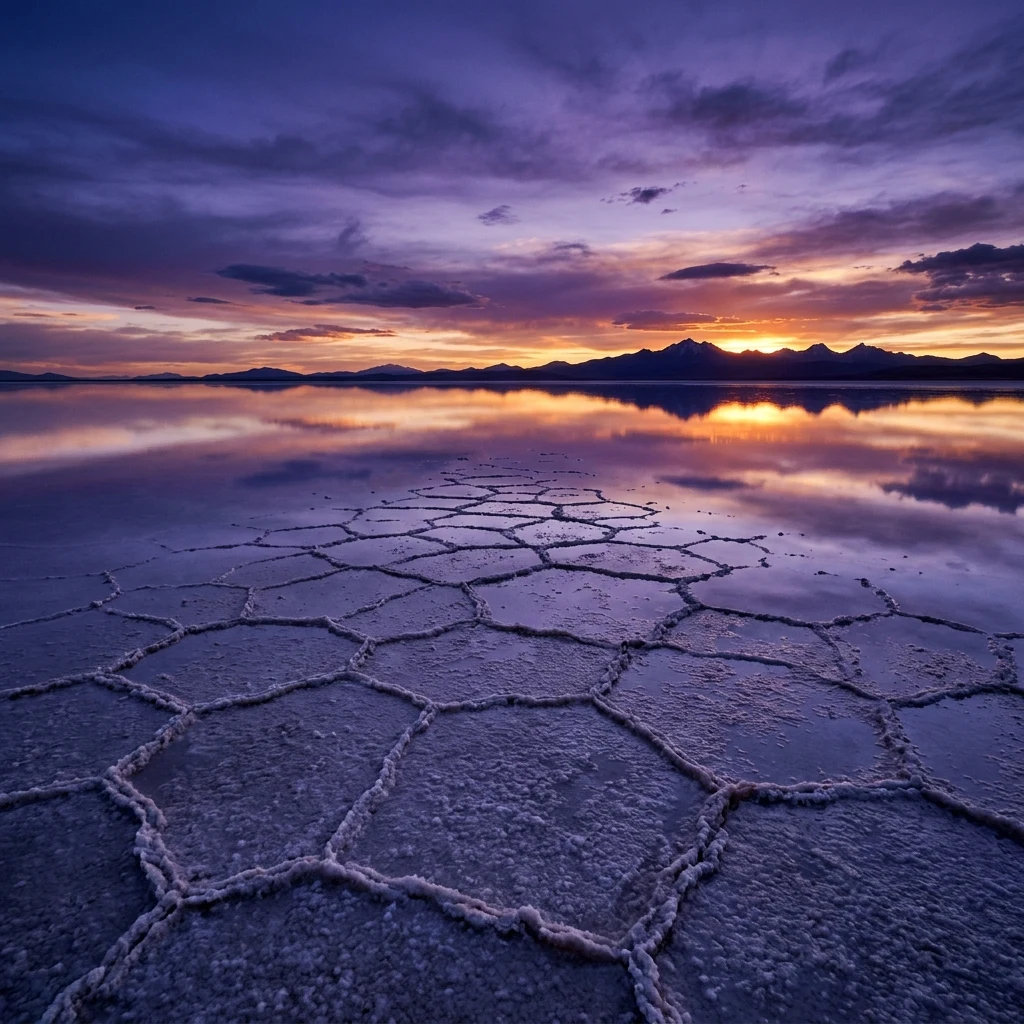 A desolate high-altitude salt flat in the southern Andes reflecting a violet sunset