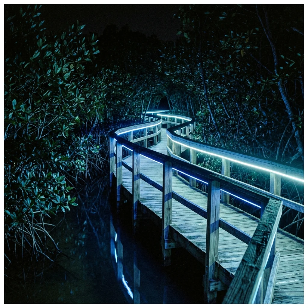 Neon lit boardwalk through a coastal forest