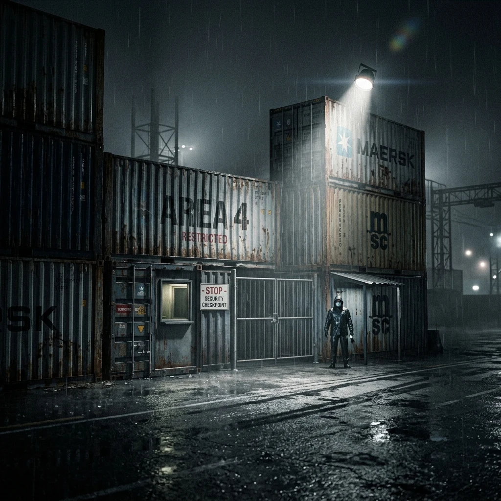 A checkpoint built from stacked shipping containers at night