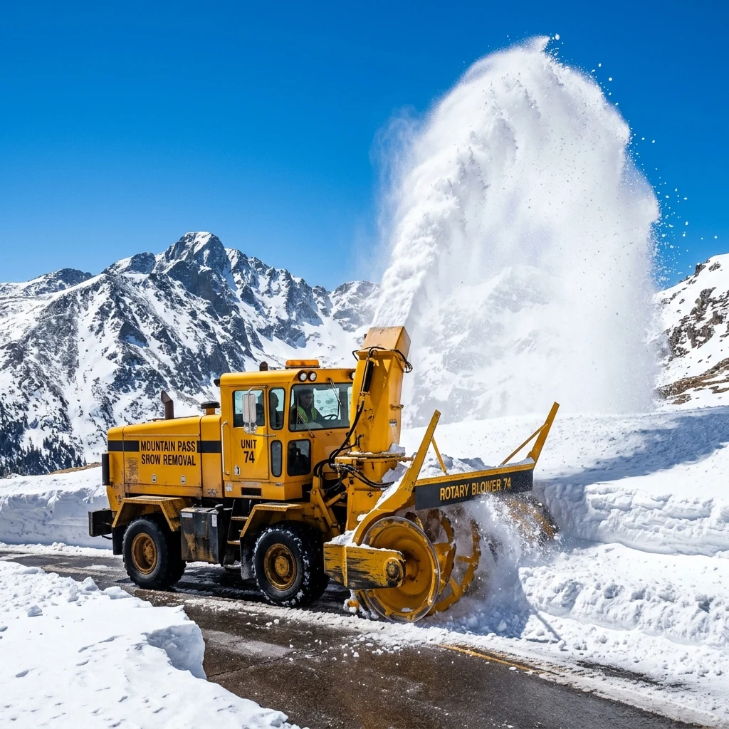A rotary plow crew opening a mountain pass