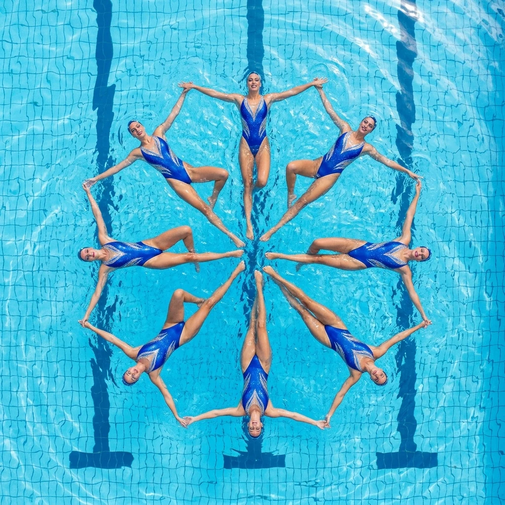 An artistic swimming team of eight women aged 21 to 27 in matching suits