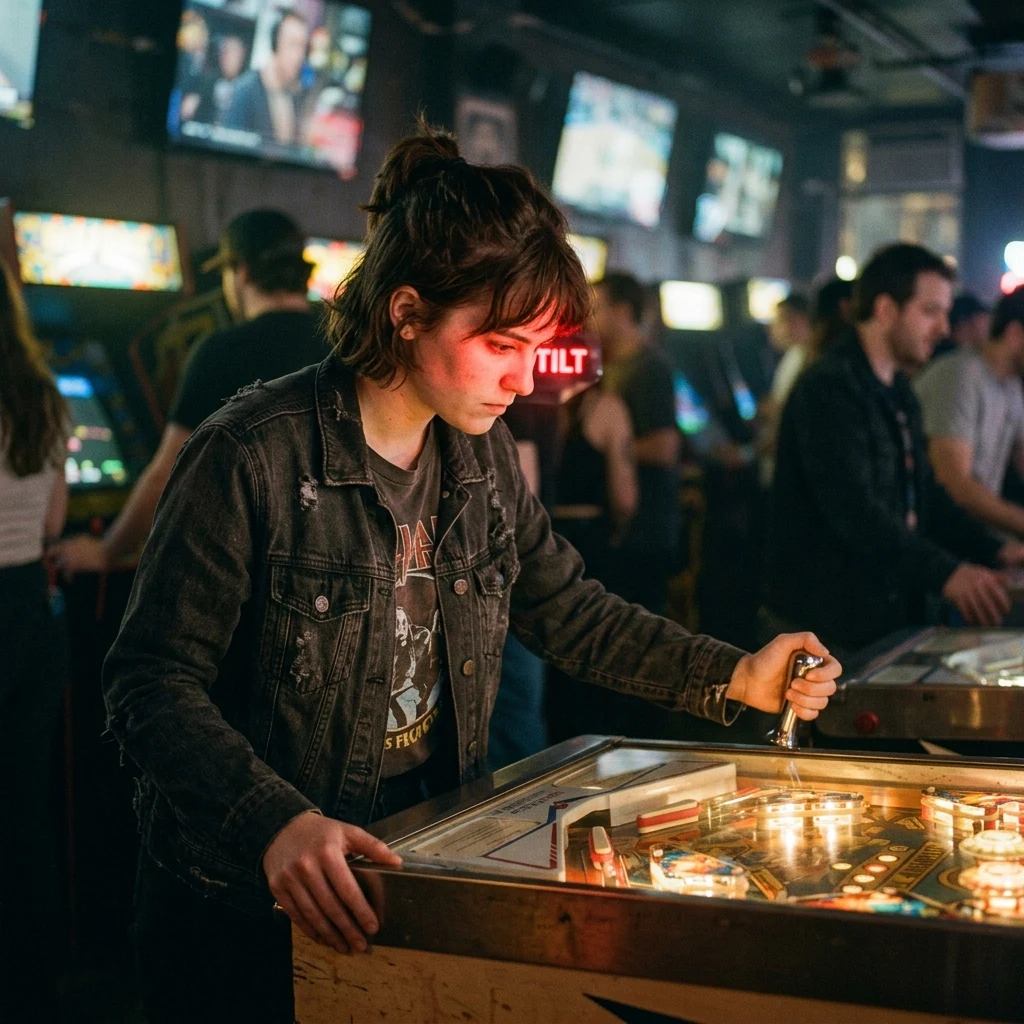 Concentrated player at a vintage pinball machine