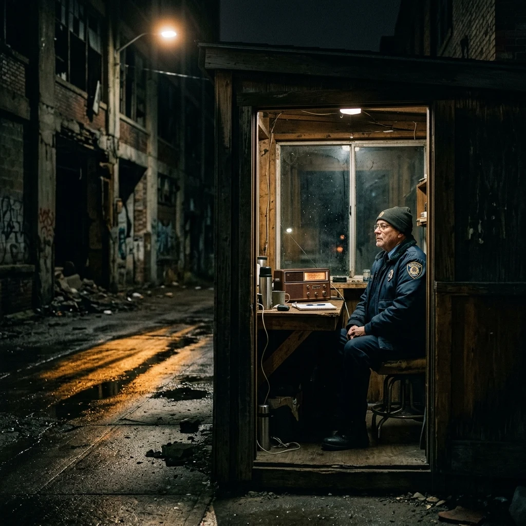 A security watchman sitting in a wooden booth at a dark entrance of Kowloon Walled City…