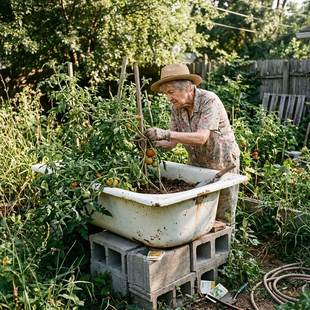 Tomato plants growing in a backyard bathtub
