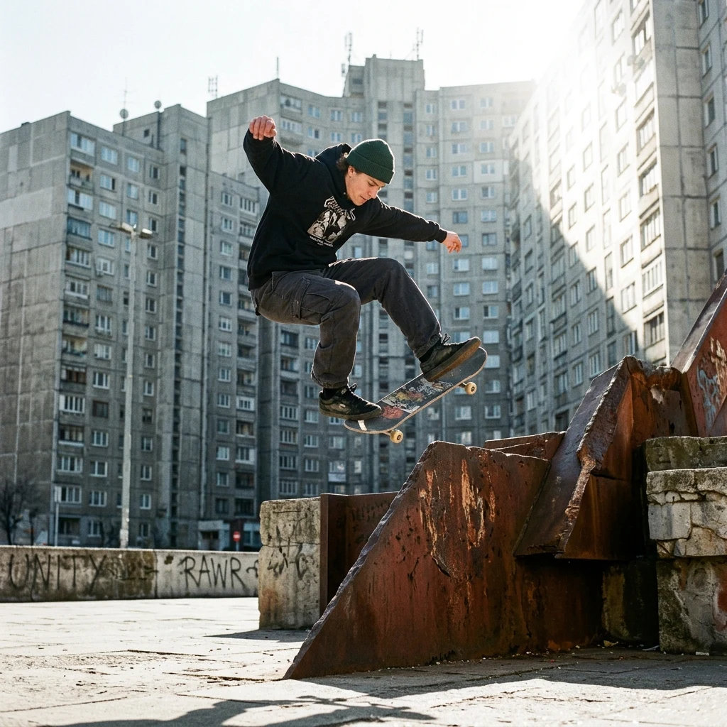A young skater doing a heel-flip over a rusted steel monument in Bishkek