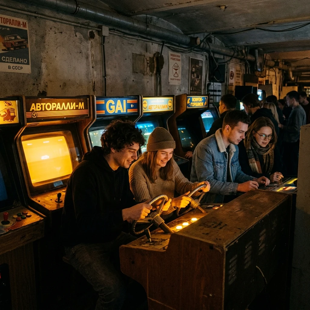 An arcade of salvaged Soviet arcade games in a dimly lit St. Petersburg cellar