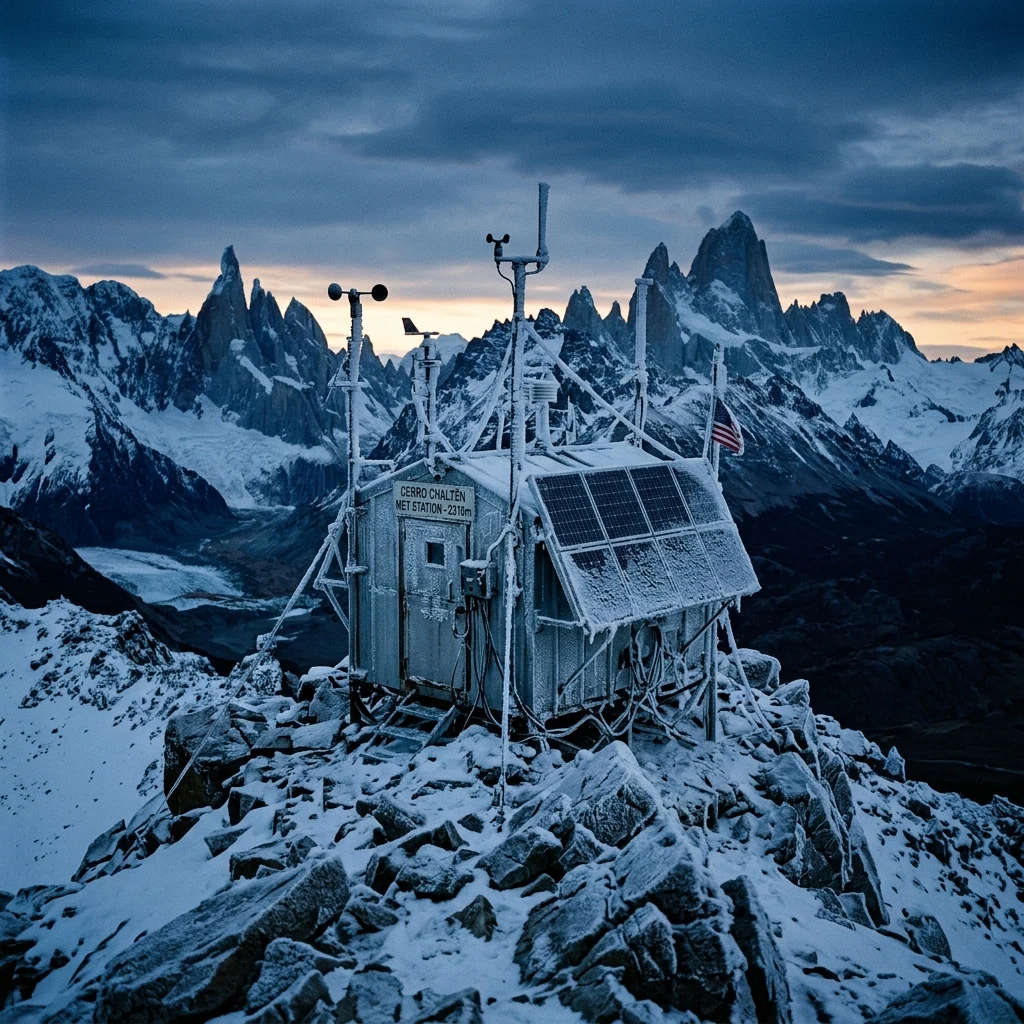 A high-altitude meteorological research station perched on a sharp ridge at blue hour