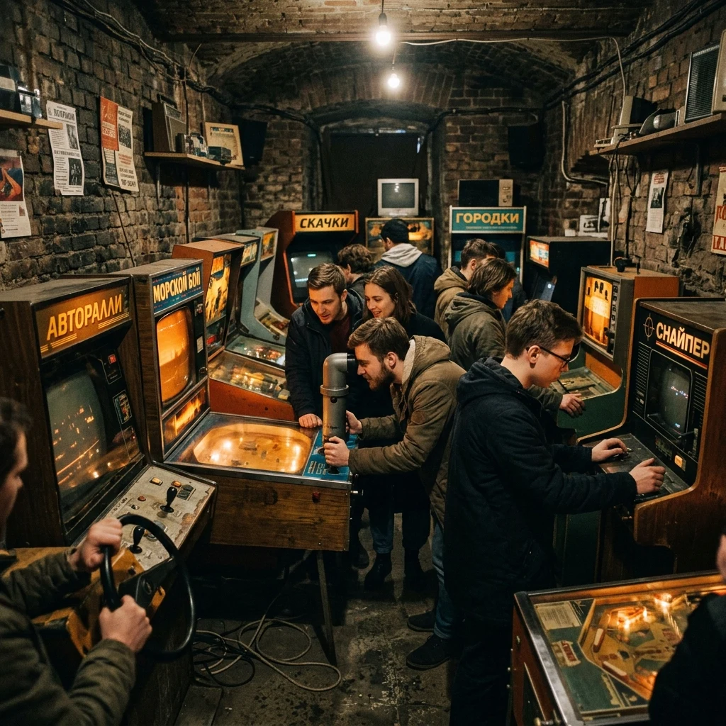 Gamers playing vintage arcade machines in cellar