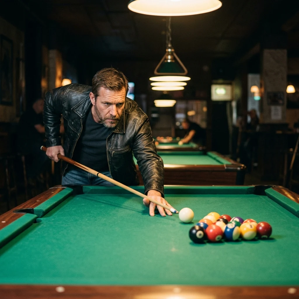 A man in a leather jacket leaning over a felt pool table aiming a break shot