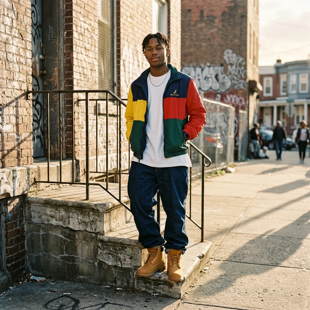 Person in colorful windbreaker on a city stoop