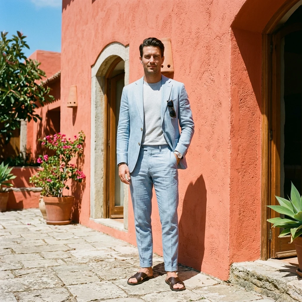 Stylish man by a textured coral wall