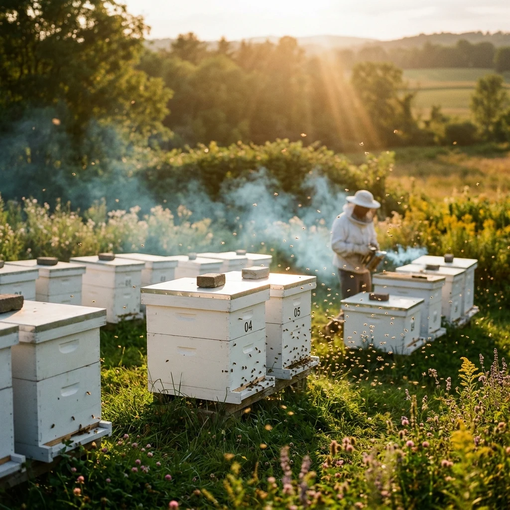 Golden afternoon at a busy apiary