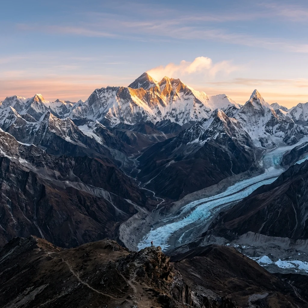National Geographic style panoramic photograph of the Himalayas at first light
