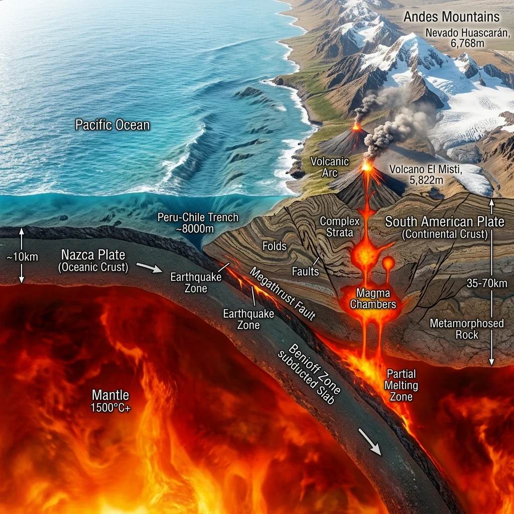 A diagram showing the Nazca Ridge pushing up the Peruvian Andes coast as it glides under…