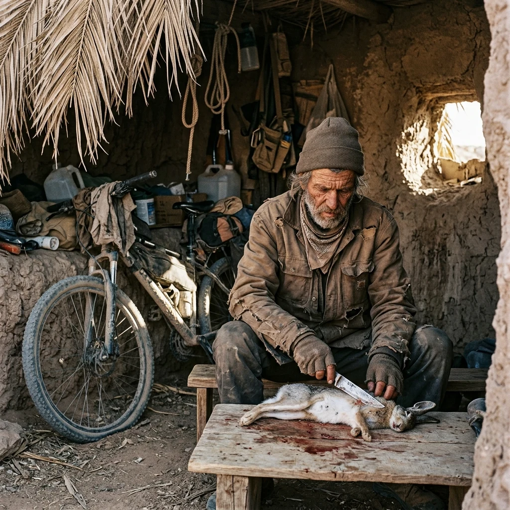 A desert scavenger butchering a small desert hare beside a mountain bike with flat tires