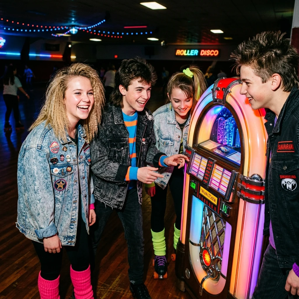 Friends gathered around a glowing jukebox