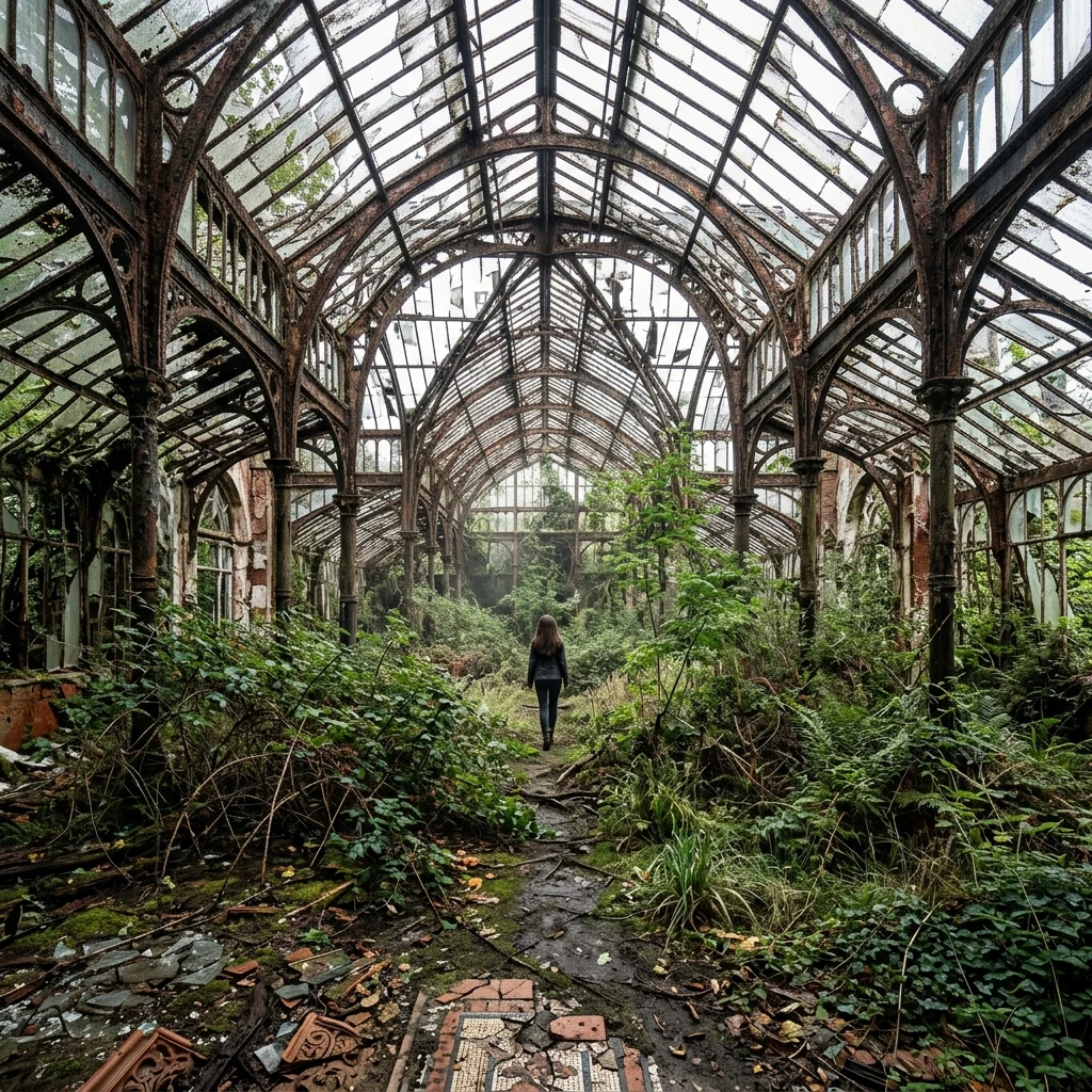 Overgrown plants inside a ruined greenhouse