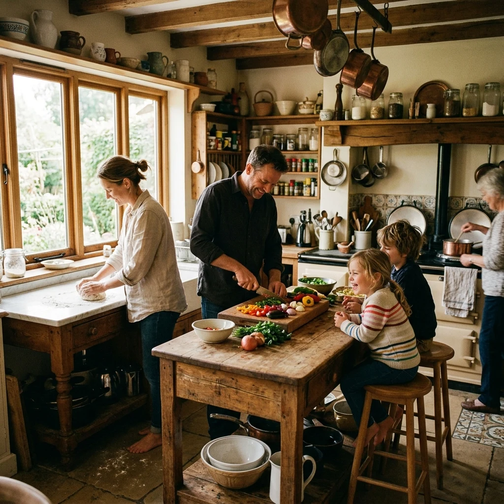 A family cooking together in a sunlit kitchen